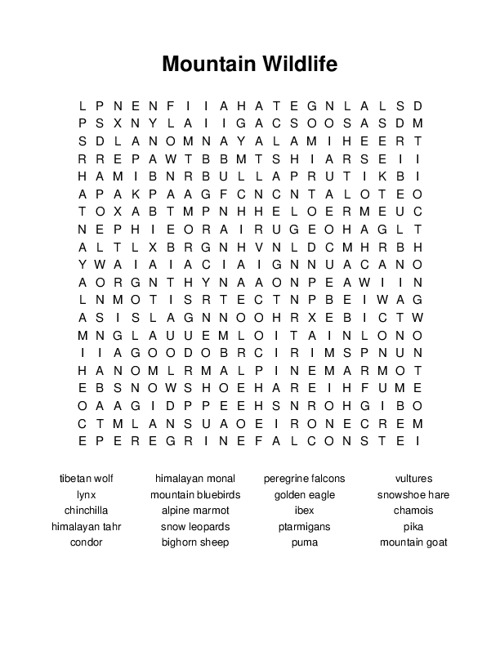 Mountain Wildlife Word Search Puzzle