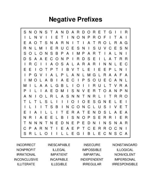 Negative Prefixes Word Search Puzzle