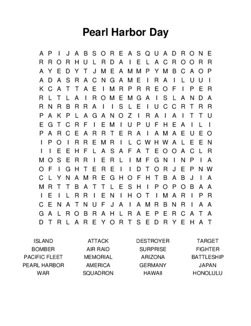 Pearl Harbor Day Word Search Puzzle