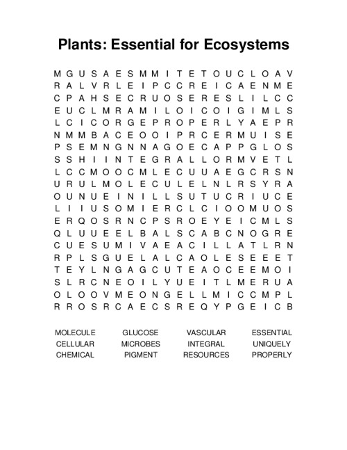 Plants: Essential for Ecosystems Word Search Puzzle