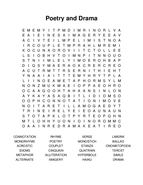 Poetry and Drama Word Search Puzzle