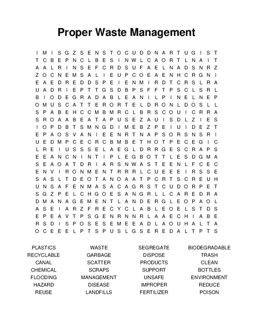 Proper Waste Management Word Search Puzzle