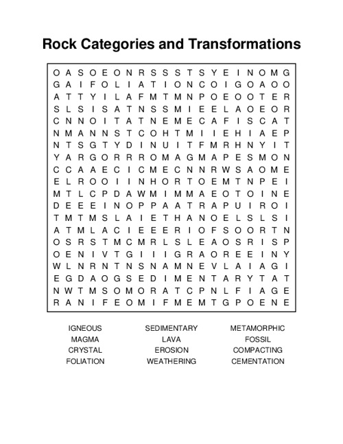 Rock Categories and Transformations Word Search Puzzle