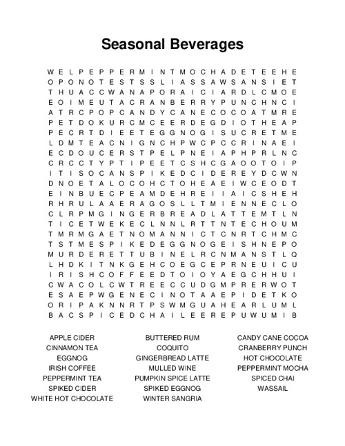 Seasonal Beverages Word Search Puzzle