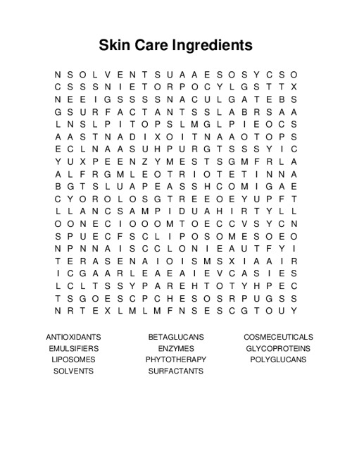 Skin Care Ingredients Word Search Puzzle