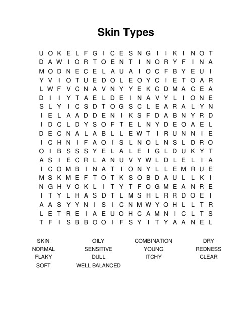 Skin Types Word Search Puzzle