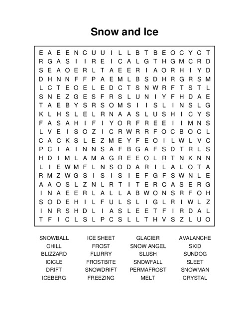 Snow and Ice Word Search Puzzle