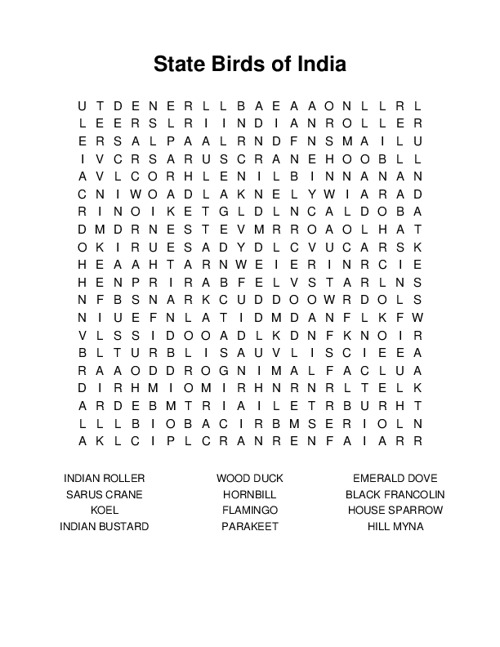 State Birds of India Word Search Puzzle