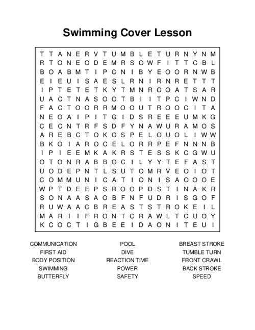 Swimming Cover Lesson Word Search Puzzle