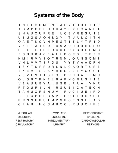 Systems of the Body Word Search Puzzle