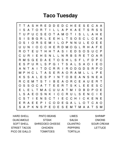 Taco Tuesday Word Search Puzzle