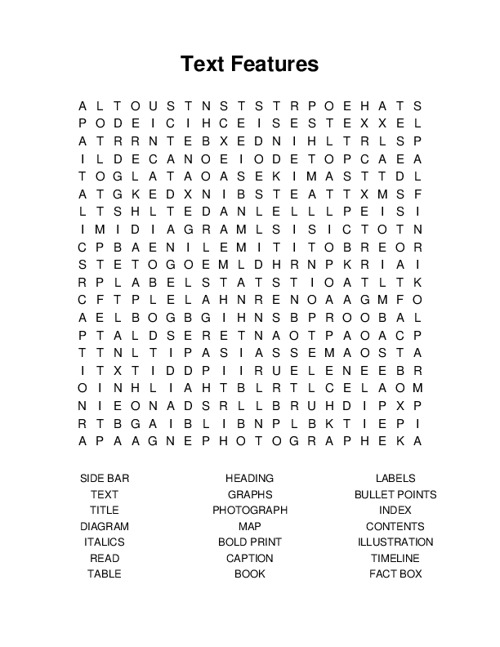 Text Features Word Search Puzzle