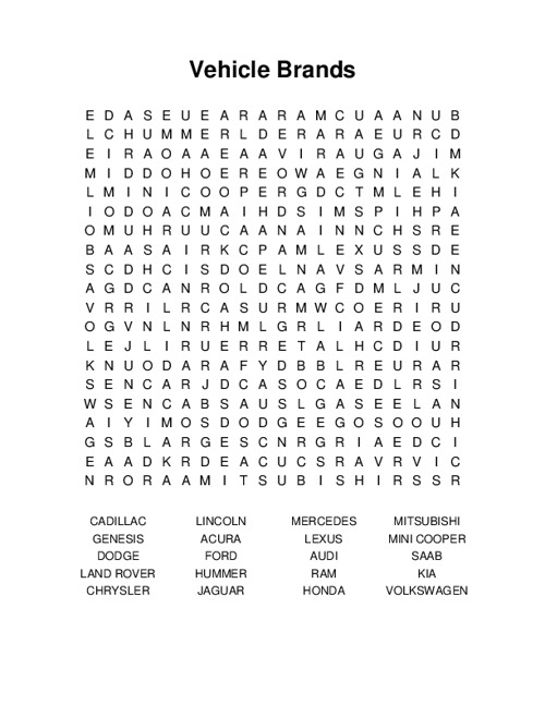 Vehicle Brands Word Search Puzzle