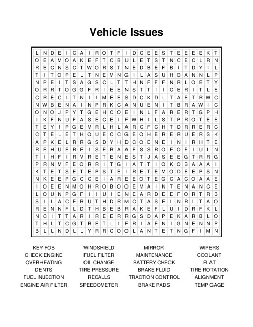 Vehicle Issues Word Search Puzzle