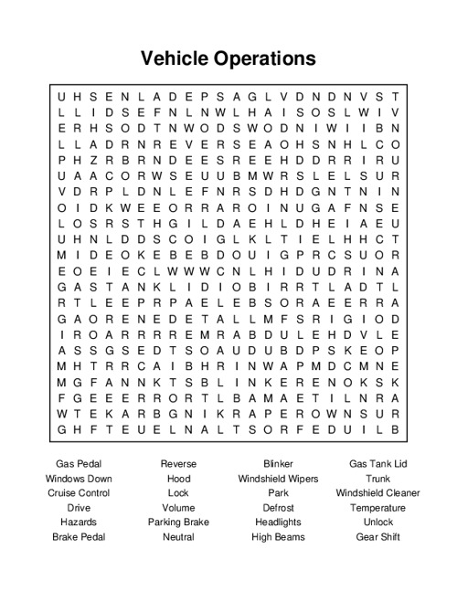 Vehicle Operations Word Search Puzzle