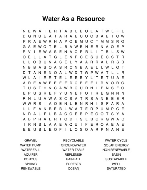 Water As a Resource Word Search Puzzle