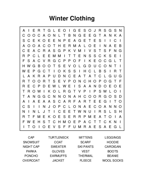 Winter Clothing Word Search Puzzle