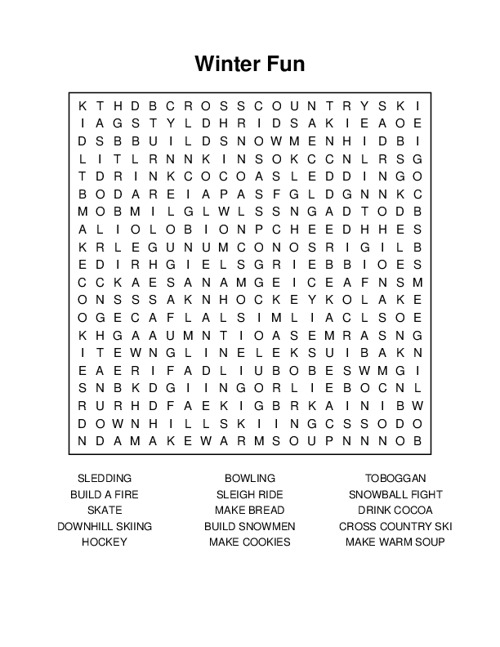 Winter Fun Word Search Puzzle