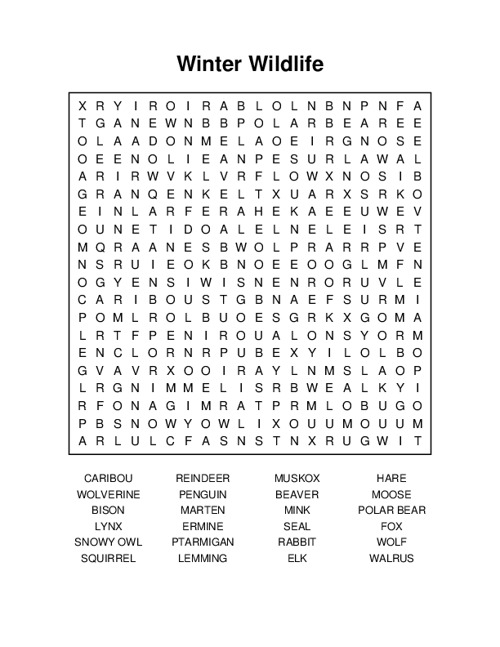 Winter Wildlife Word Search Puzzle