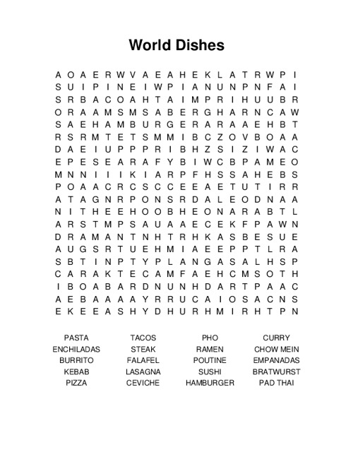 World Dishes Word Search Puzzle