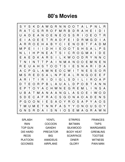 80s Movies Word Search Puzzle