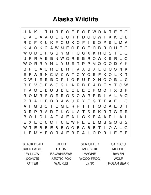 Alaska Wildlife Word Search Puzzle