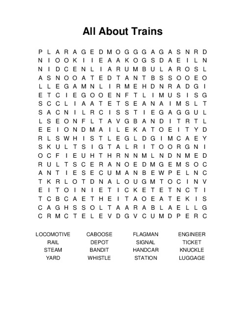 All About Trains Word Search Puzzle