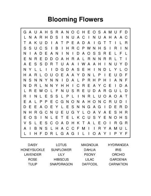 Blooming Flowers Word Search Puzzle