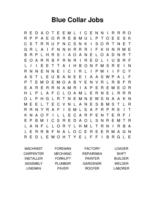 Blue Collar Jobs Word Search Puzzle