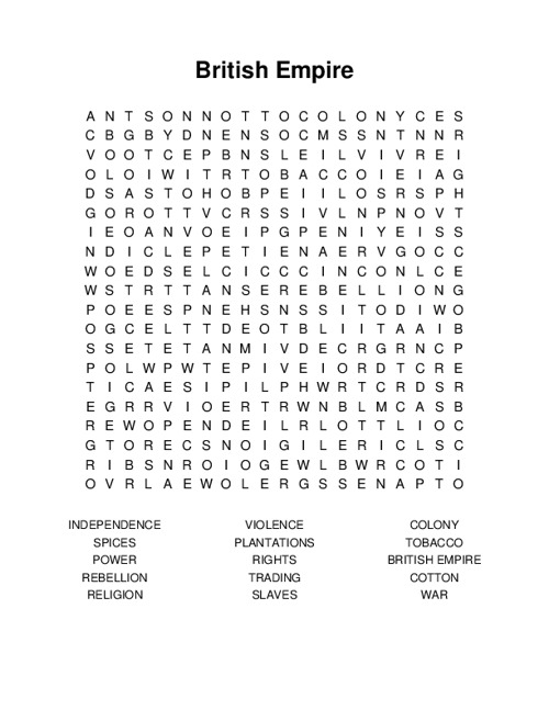 British Empire Word Search Puzzle