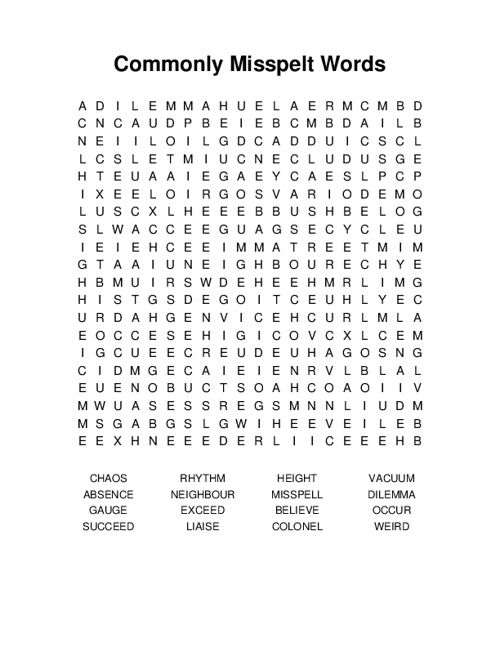 Commonly Misspelt Words Word Search Puzzle