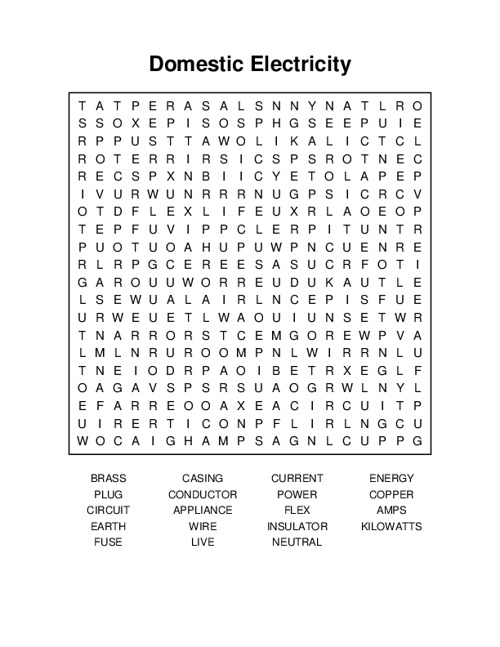 Domestic Electricity Word Search Puzzle