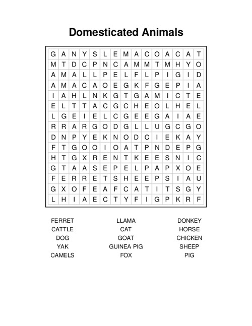 Domesticated Animals Word Search Puzzle