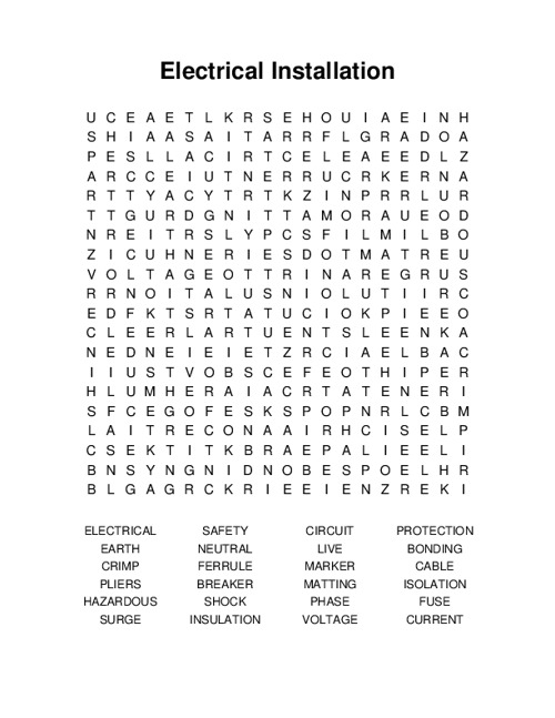 Electrical Installation Word Search Puzzle