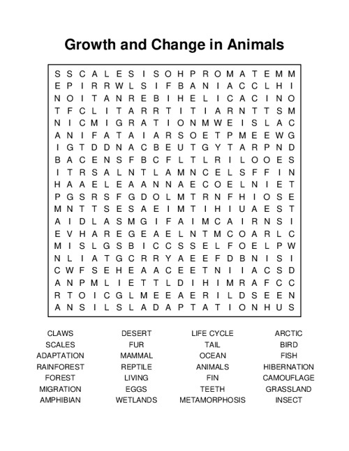 Growth and Change in Animals Word Search Puzzle