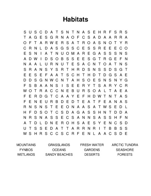 Habitats Word Search Puzzle