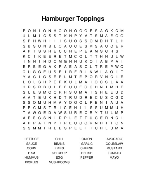 Hamburger Toppings Word Search Puzzle