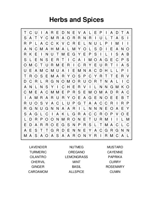 Herbs and Spices Word Search Puzzle