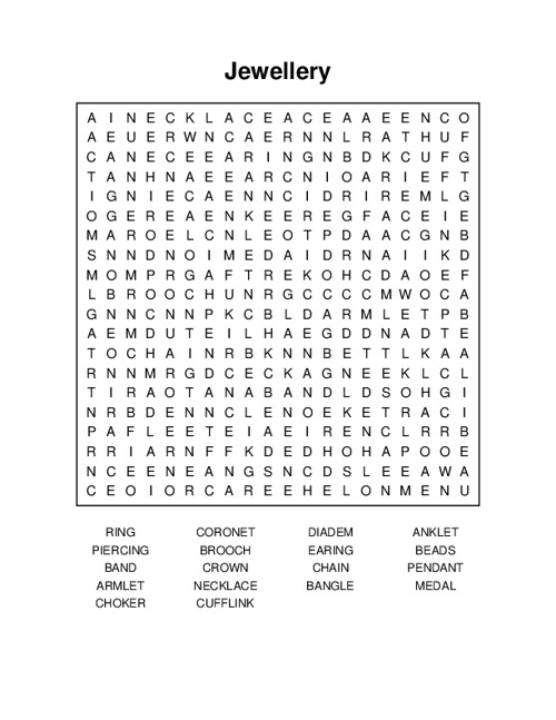 Jewellery Word Search Puzzle