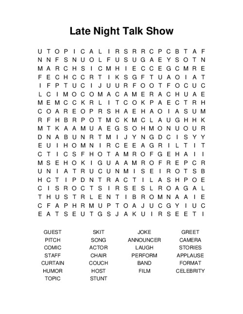 Late Night Talk Show Word Search Puzzle