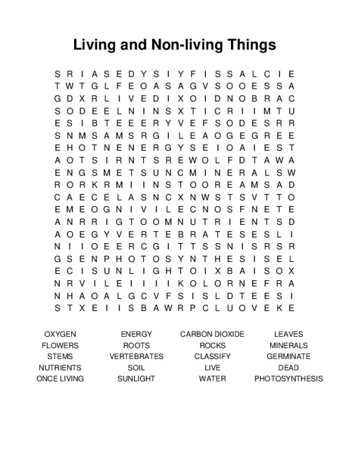 Living and Non-living Things Word Search Puzzle