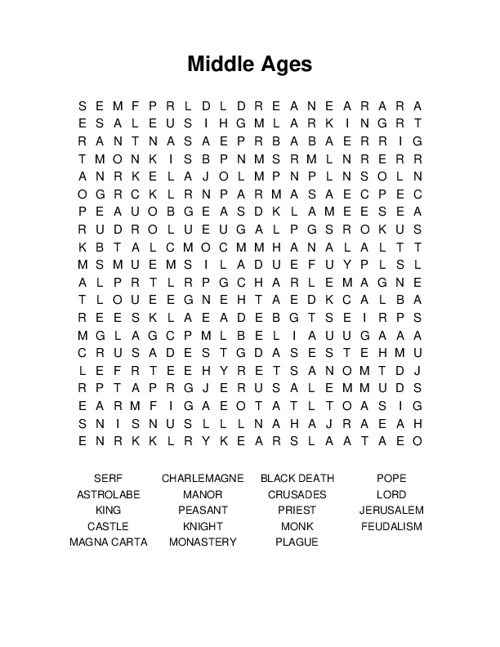 Middle Ages Word Search Puzzle