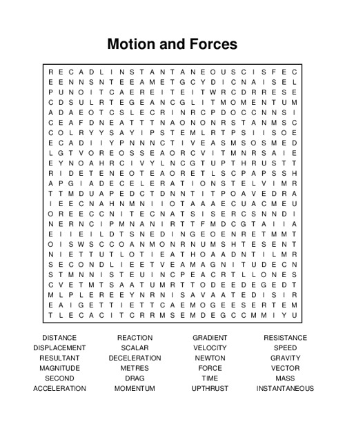 Motion and Forces Word Search Puzzle