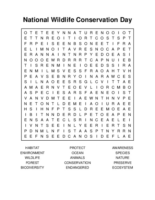 National Wildlife Conservation Day Word Search Puzzle