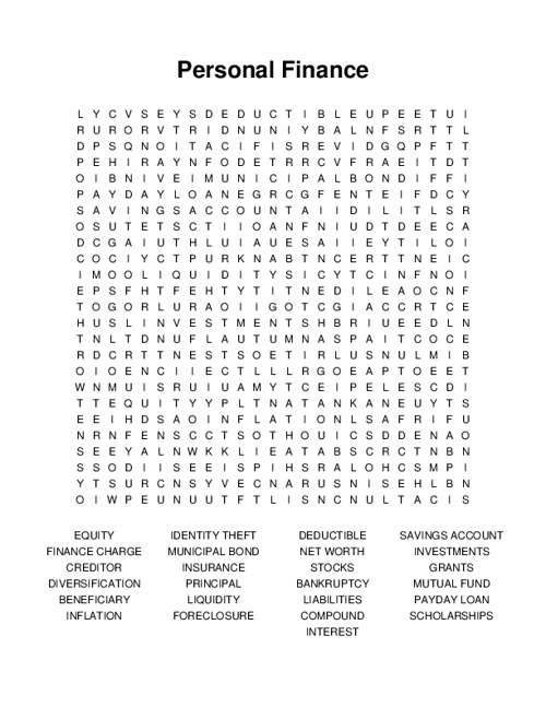 Personal Finance Word Search Puzzle