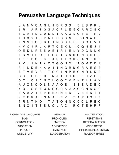 Persuasive Language Techniques Word Search Puzzle