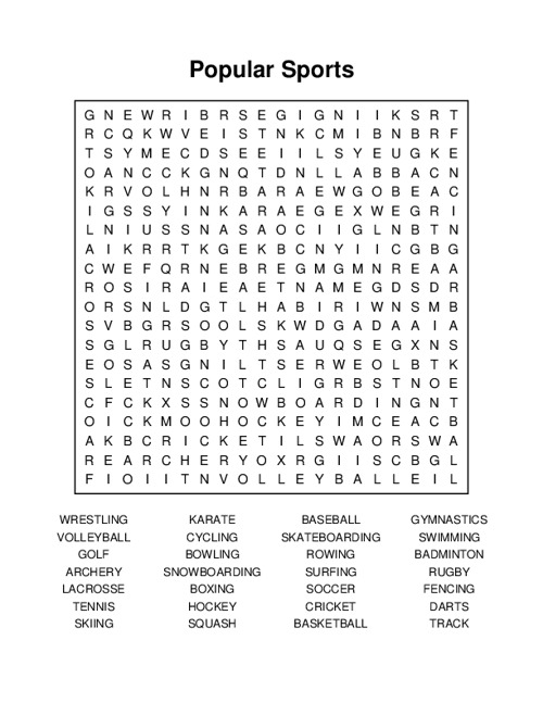 Popular Sports Word Search Puzzle