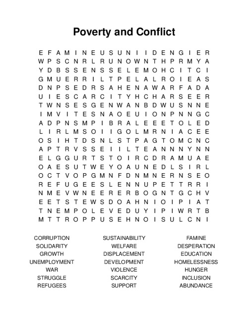 Poverty and Conflict Word Search Puzzle