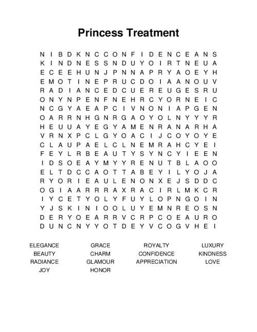 Princess Treatment Word Search Puzzle