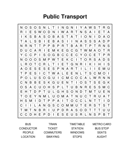 Public Transport Word Search Puzzle